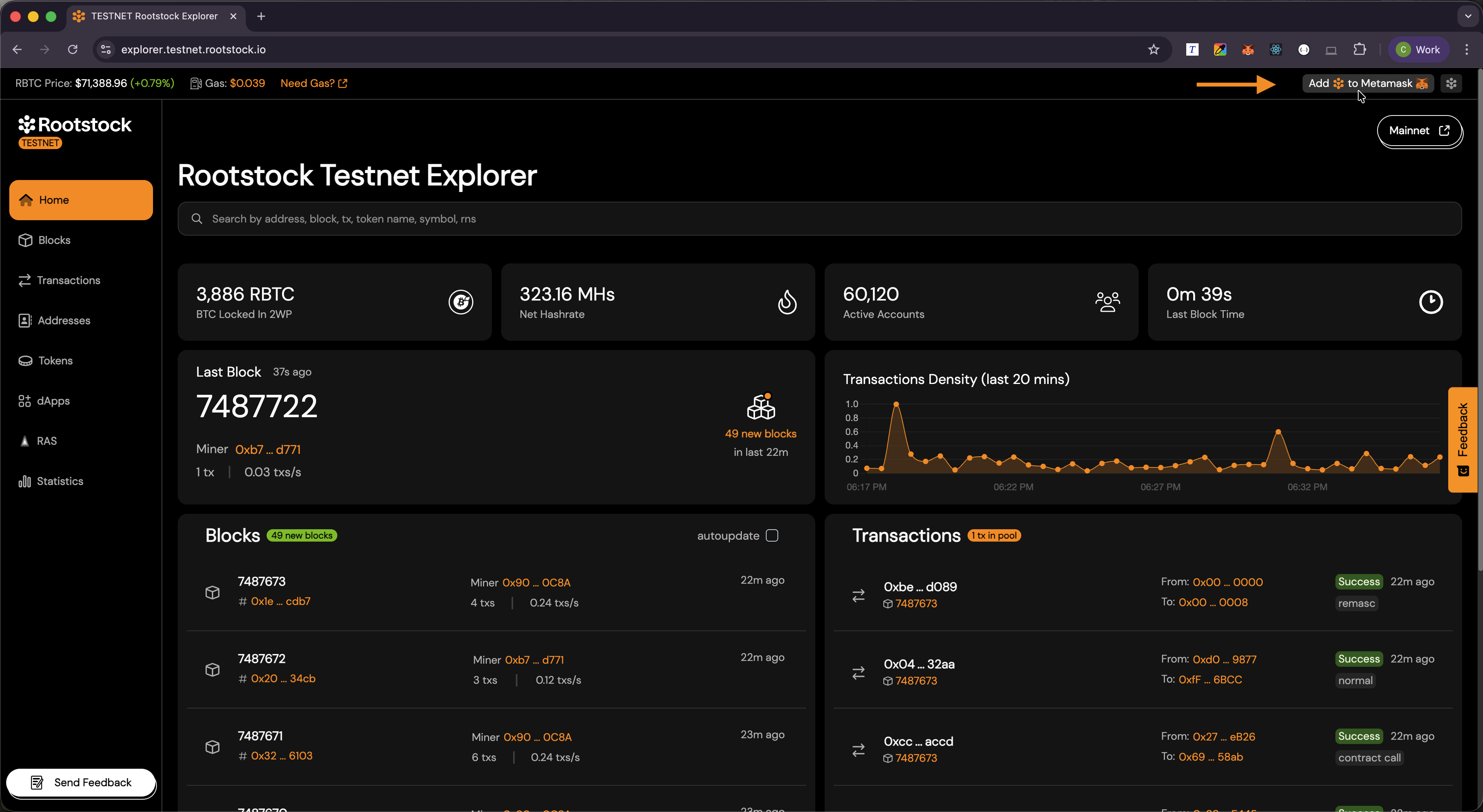 Rootstock Explorer top bar with network selector and navigation
