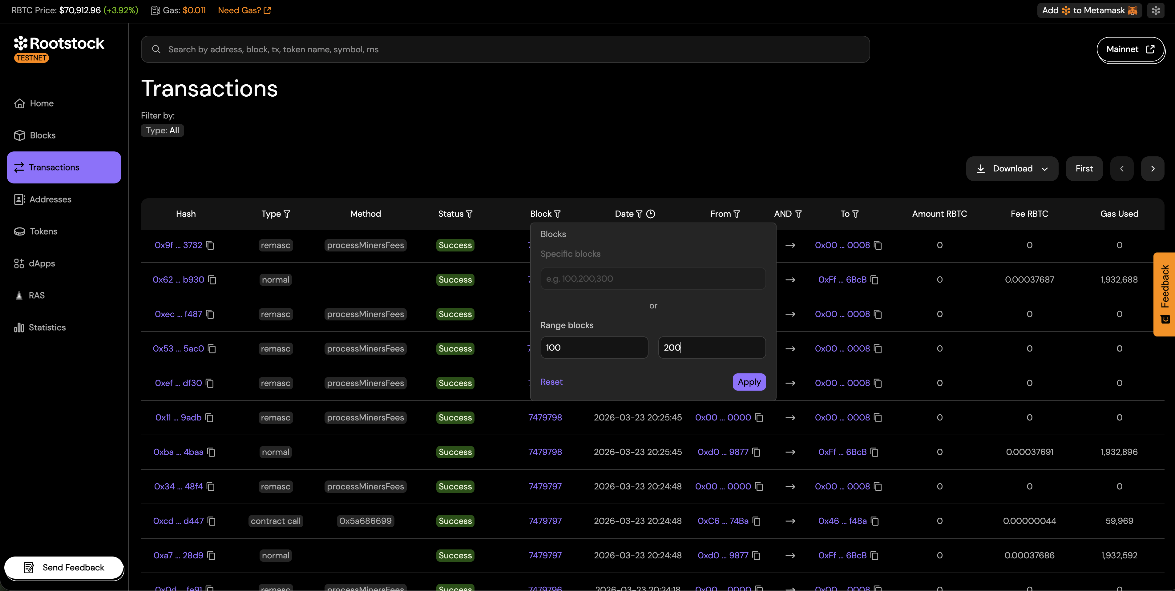 Advanced Transactions Filter: Range Blocks
